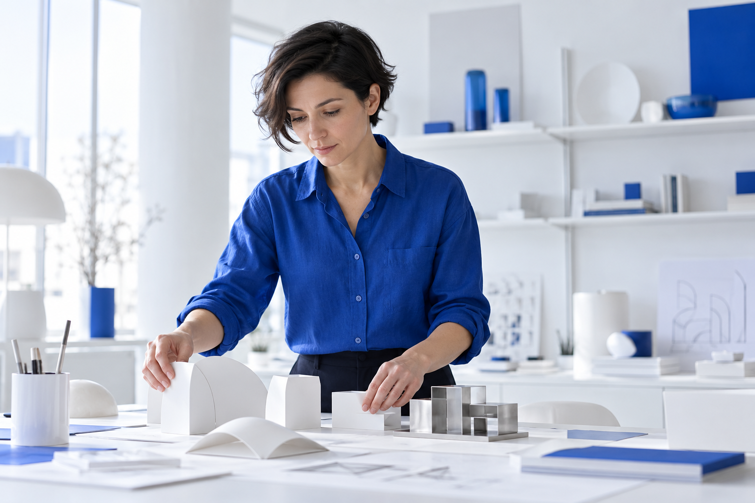 Une designer en chemise bleue travaille sur des maquettes dans un atelier lumineux